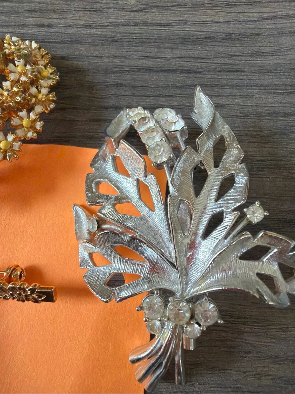 Vintage Gold and Silver Floral Brooch Set -Enamel Blue Rose Bar Pin, Sheaf, Dais